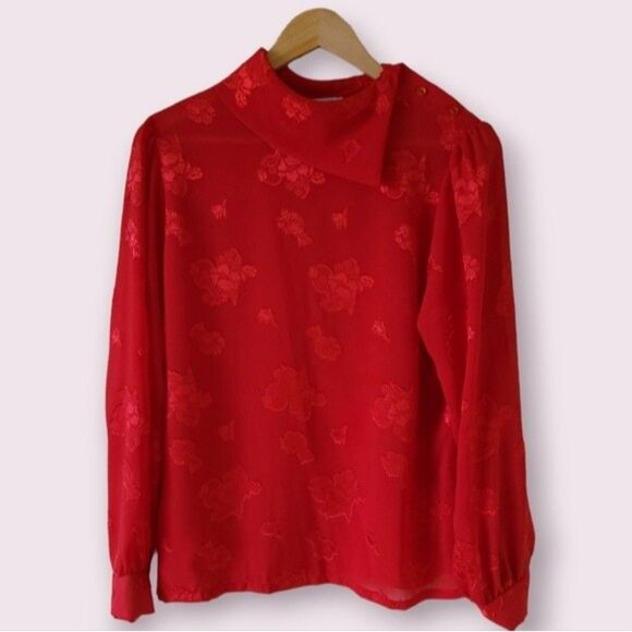 Vintage TEDDI Sz 14 Asymmetrical Collar Red Floral Chiffon Top Retro Career - Picture 1 of 8